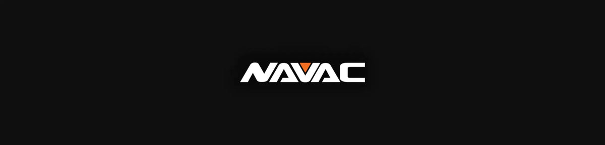 NAVAC logo in white with orange accent on black background, industrial tools branding